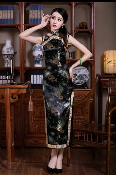 Vestido Longo Oriental Preto Estampa Flores *