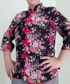 Blusa oriental Flor da fortuna com manga 3/4