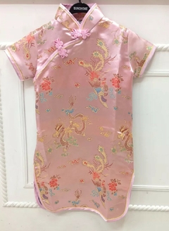 Vestido Infantil Com Estampa De Dragão E Fênix - Rosa - Kimonos Liberdade