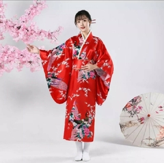 Yukata Feminino Vermelha Com Estampa De Pavão - Tam Único - loja online