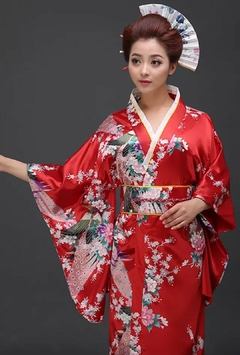 Yukata Feminino Vermelha Com Estampa De Pavão - Tam Único
