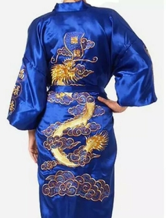 Kimono Longo Cetim Bordado Dragão com Bolsos - Azul - Kimonos Liberdade