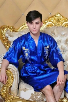 Imagem do Kimono Longo Cetim Bordado Dragão com Bolsos - Azul
