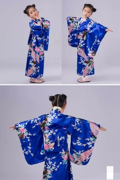 Yukata Infantil Em Seda Estampa Pavão Azul Royal - loja online