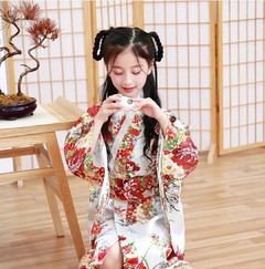 Yukata Infantil Em Seda Estampa Flor Da Fortuna - Branca - Kimonos Liberdade