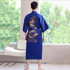 Kimono Longo Cetim Bordado Dragão com Bolsos - Azul