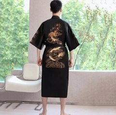 Kimono Longo Cetim Bordado Dragão com Bolso - Preto