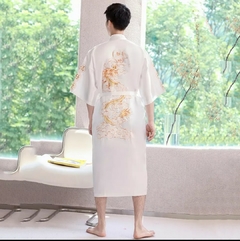 Kimono Longo Cetim Bordado Dragão com Bolsos - Branco