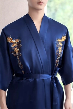 Kimono Longo Cetim Bordado Dragão com Bolsos - Azul na internet