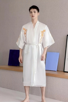 Kimono Longo Cetim Bordado Dragão com Bolsos - Branco - comprar online