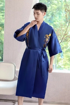 Kimono Longo Cetim Bordado Dragão com Bolsos - Azul - comprar online