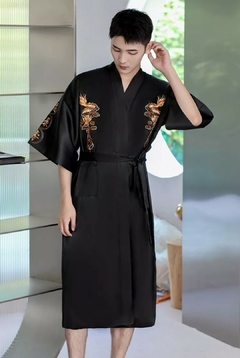 Kimono Longo Cetim Bordado Dragão com Bolso - Preto - comprar online