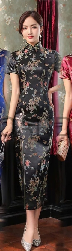 Vestido oriental longo Drag o e F nix com Fenda Lateral Preto