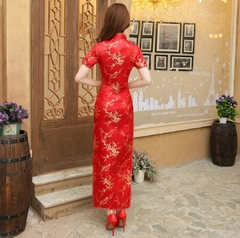 Vestido Longo Com Estampa Flor de Cerejeira - Vermelho - Kimonos Liberdade