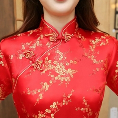 Vestido Longo Com Estampa Flor de Cerejeira - Vermelho na internet