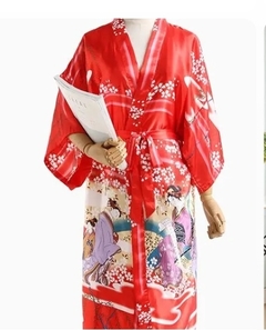 Kimono De Cetim Longo Vermelho Gueixa e Cerejeiras na internet