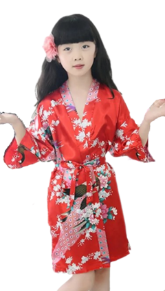 Kimono Infantil De Cetim Com Estampa De Pavão - Vermelha na internet