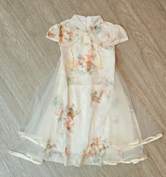 Vestido Infantil Floral com Tule e Pingente - Creme