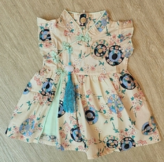 Vestido Infantil algodão Flor Sakura com Pingente - Verde água - loja online