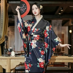 Yukata Feminina adulto Azul Marinho Floral - Kimonos Liberdade