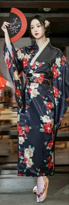 Yukata Feminina adulto Azul Marinho Floral na internet