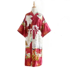 Kimono de Poliéster Longo Vinho Estampa Gueixa - comprar online