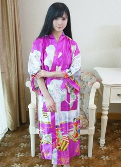 Kimono de Poliéster Longo Pink Estampa Gueixa - comprar online