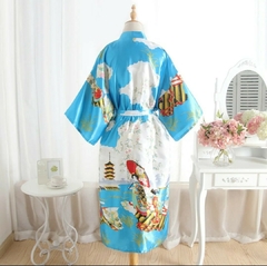 Kimono de Poliéster Longo Turquesa Estampa Gueixa - comprar online