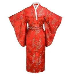 Yukata Feminina Vermelha Com Estampa Dragão e Fenix - comprar online