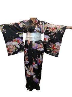 Yukata Preta em Seda Tsuru - Kimonos Liberdade