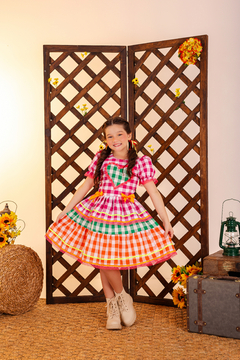 Vestido Caipira Junino Infantil Rosa Neon - loja online