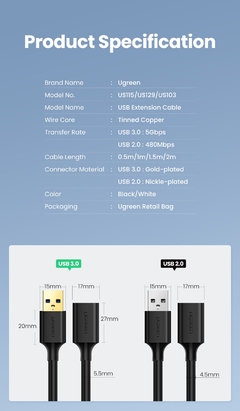 Imagem do Ugreen usb cabo de extensão usb 3.0 cabo para smart computador portátil tv xbox um ssd usb 3.0 2.0 cabo extensor mini cabo de velocidade rápida