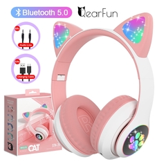 Qearfun Fone de ouvido sem fio, Fone Bluetooth RGB fone gamer para celular phone, bonito orelhas de gato fone gamer com microfone, pode controlar led, criança menina música estéreo fone presente, armazém local espanha na internet