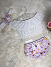 Conjunto Cropped com Bunda Rica Bonequinha Lilás e Branco + laço - 2 anos