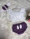 Conjunto Cropped com Bunda Rica Poá Roxo e Branco + laço - 2 anos