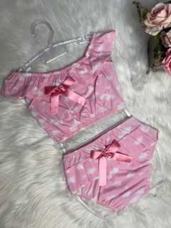 Conjunto Cropped com Bunda Rica Nuvens Rosa - 1 ano