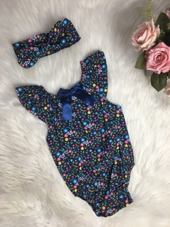 Romper Floral Azul com Laço - G