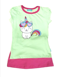 remera lima gatito unicornio con pollera con short chicle