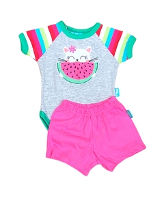 conjunto body con short rayado bordado gatita sandia