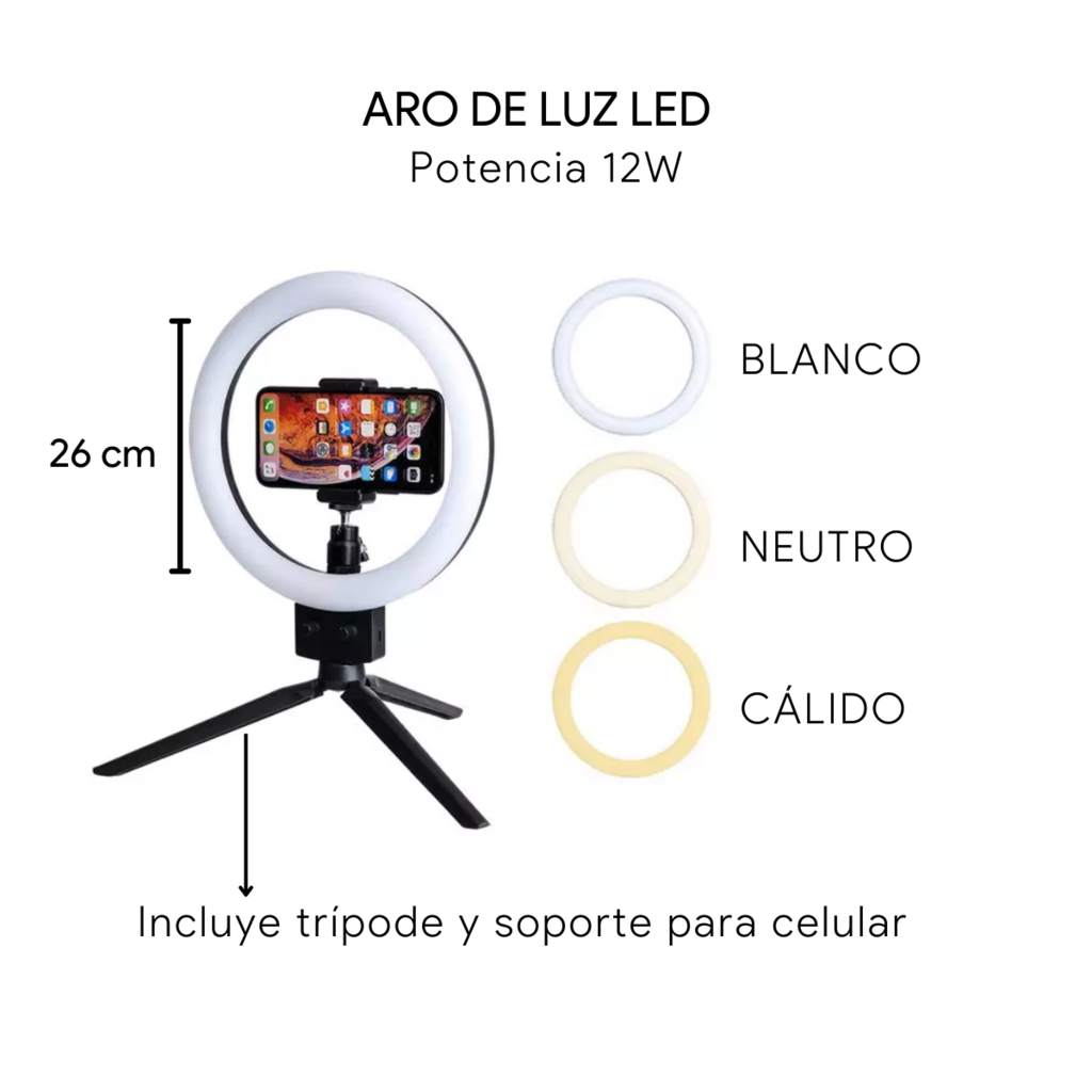 Aro de luz led de 8 con trípode y soporte para celular