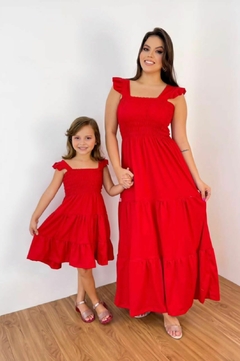 Vestido Longo mãe e filha Vermelho Manga babadinho
