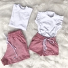 Conjunto Shorts Rosa e blusinha branca detalhe manga mãe e filha