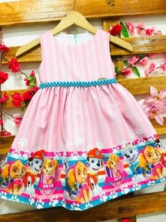 Vestido Patrulha Canina barra com listra rosa pérolas infantil