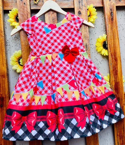 Vestido Feminino Infantil Junino Xadrez Rosa Com Flores