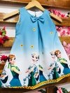 Vestido Frozen Ana e Elsa degrade azul e branco laço pérolas