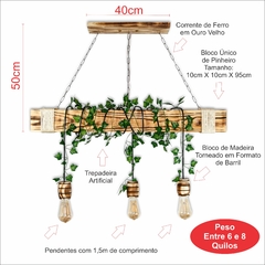 Luminária em Madeira Rústica 95cm com 3 Pendentes - Soquete Barril + Trepadeira Artificial - comprar online