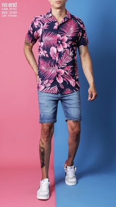 CAMISA HAWAIANA FLOR ROSA FONDO AZUL 37101