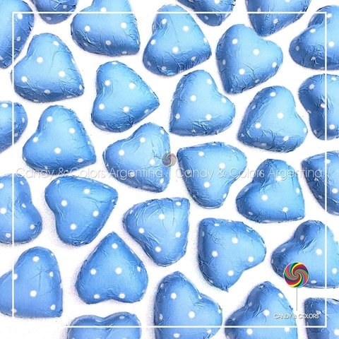 10 un. Bombones de chocolate suizo en forma de corazón relleno de dulce de leche envuelto en papel metalizado - Celeste con lunares blancos - pack 10 unidades