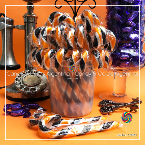 Bastón de caramelo de 14 cm - naranja con negro y blanco - por unidad - halloween
