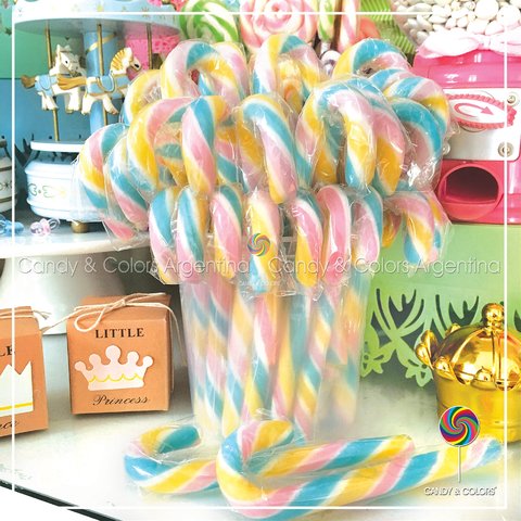 Bastón de caramelo de 14 cm - multicolor pastel - celeste agua con rosa y amarillo - por unidad